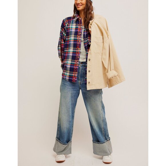 Free People Multicolor Plaid Button Down Shirt Size Large - Picture 6 of 9